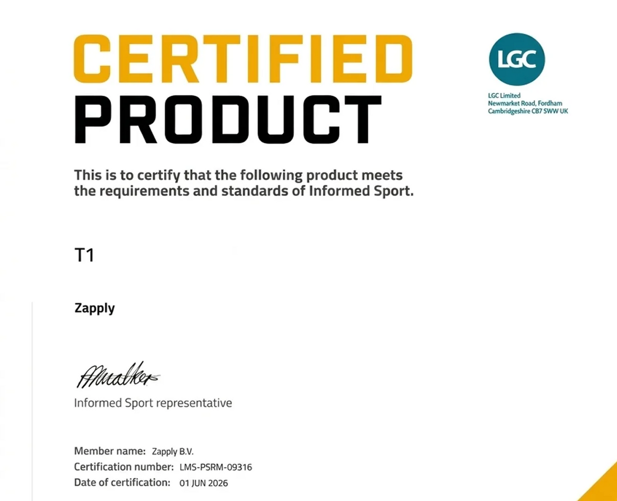 Zapply T1 Informed Sport Certified — batch tested for banned substances